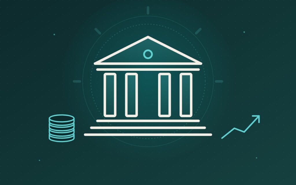 Illustration of a bank building with coins and a growth arrow