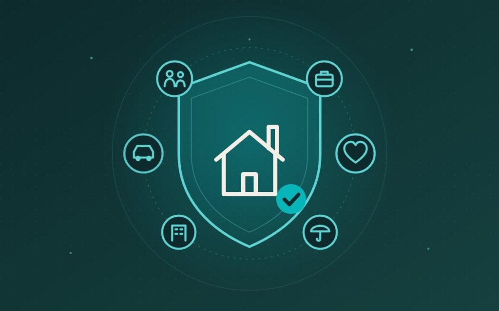 Illustration of a protective shield around a house with insurance icons